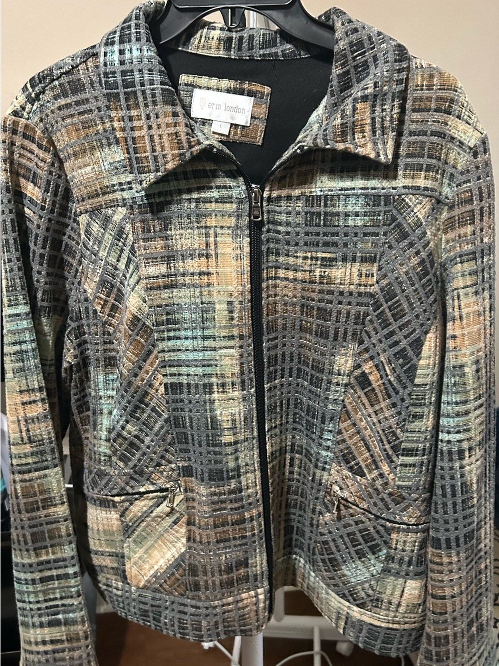erin london Plaid Zip-Front Jacket in Gray, Brown & Cream
